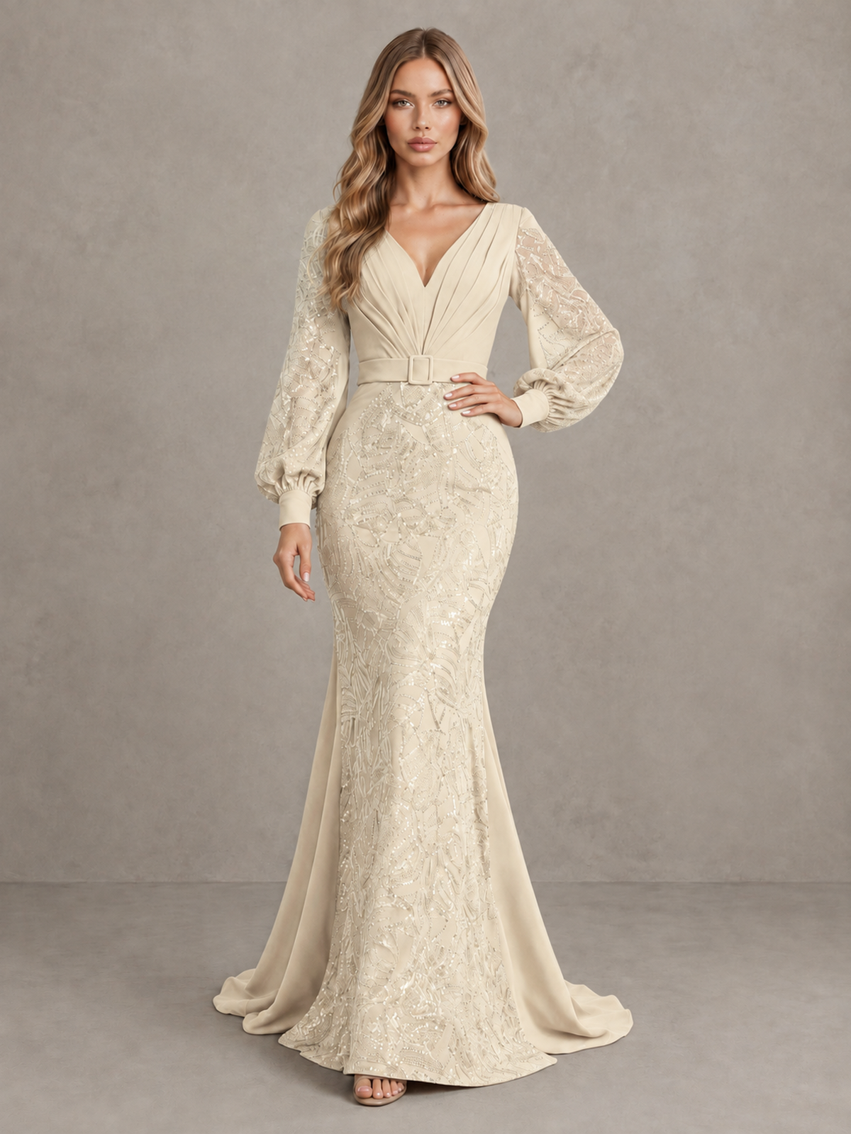 BOLODOO Champagne Sequin Long Bishop Sleeve Mermaid Evening Dress - Champagne - Champagne (3)