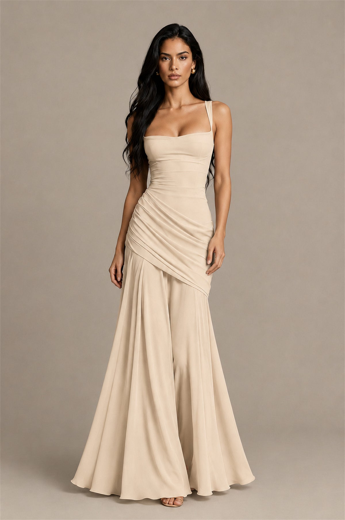 BOLODOO Square Neck Ruched A-Line Maxi Dress - Champagne Backless Evening Gown - Champagne