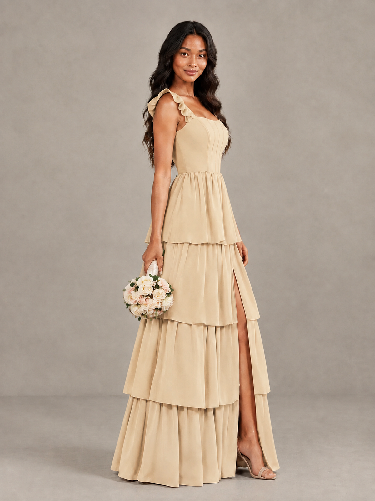 BOLODOO Champagne Tiered Maxi Bridesmaid Dress with Slit - Champagne