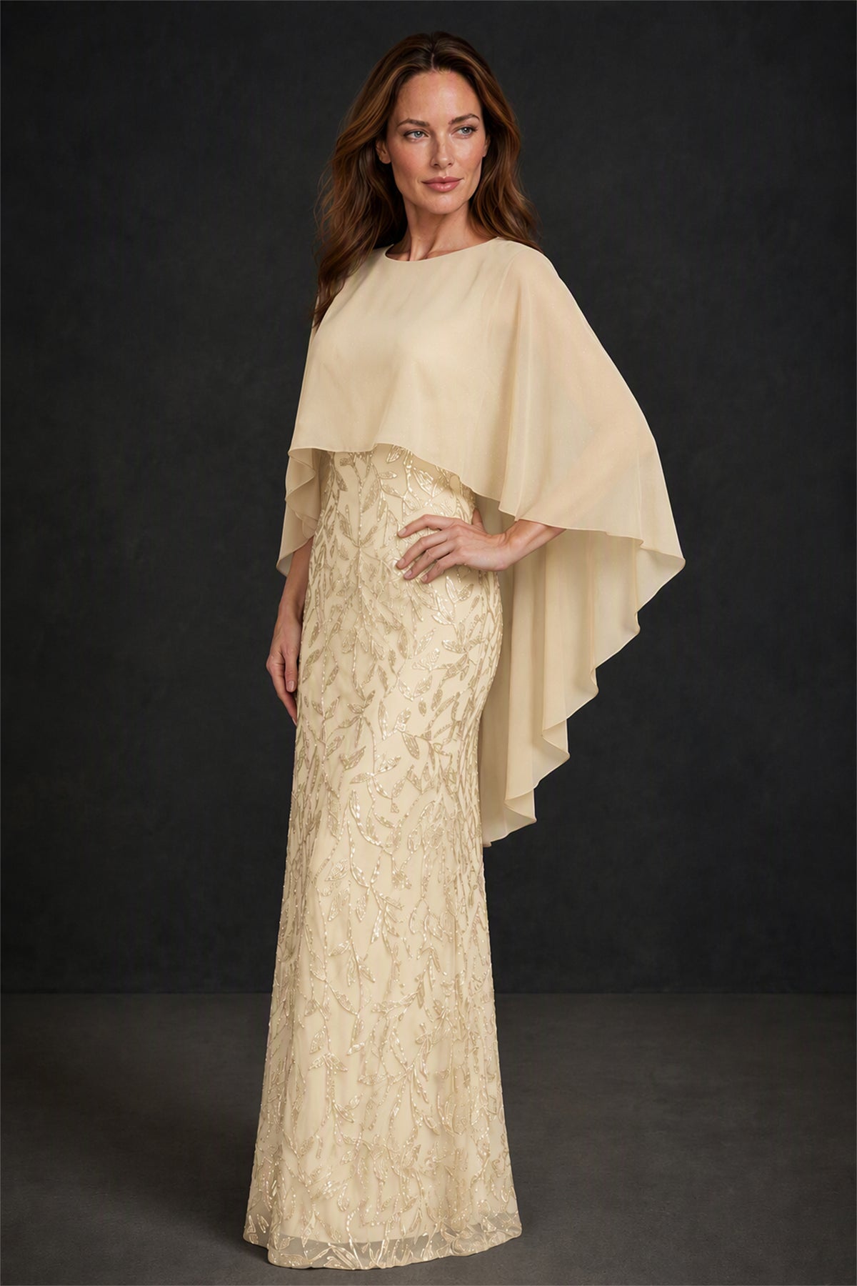 BOLODOO Champagne Round Neck Chiffon Cape Overlay Sequin Lace Mermaid Maxi Dress - Champagne