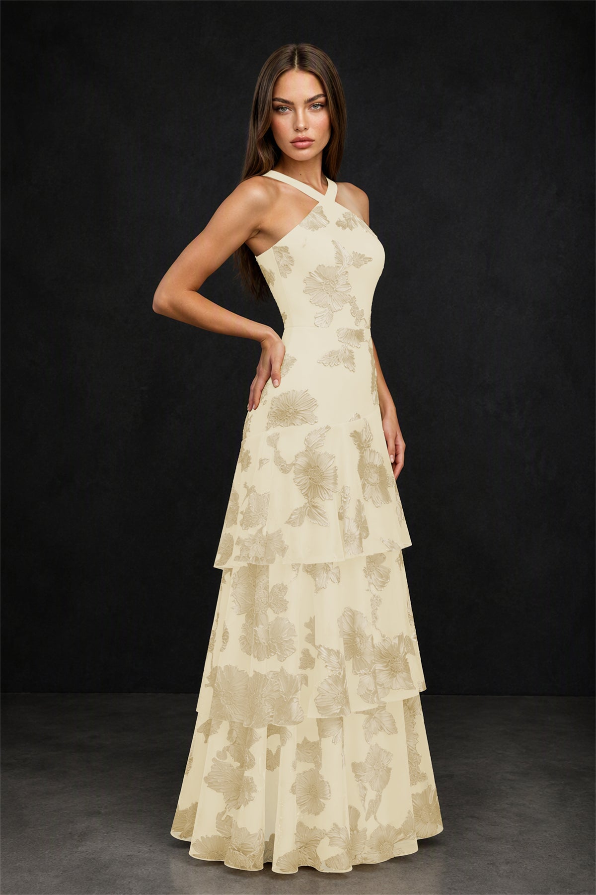 BOLODOO Champagne Crisscross Halter Neck Champagne Floral Embroidered Triple Tiered A-Line Tulle Maxi Dress - Champagne