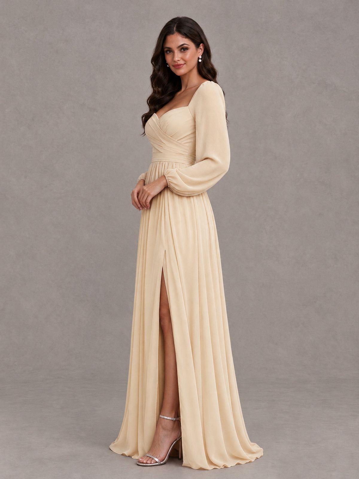 BOLODOO Champagne Long Sleeve Chiffon Bridesmaid Dress with Slit - Champagne - Champagne (3)