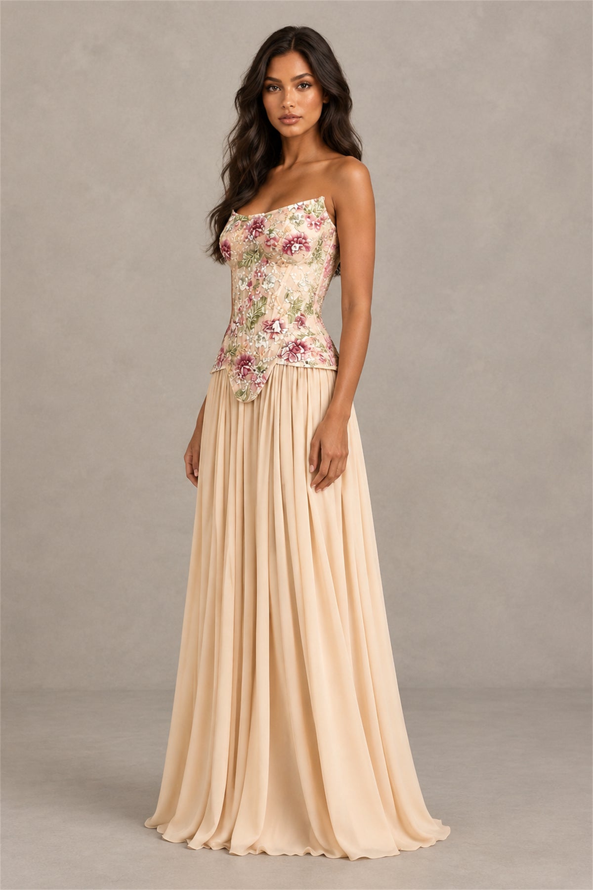 BOLODOO Champagne Strapless Floral Beaded Chiffon Maxi Dress - Champagne