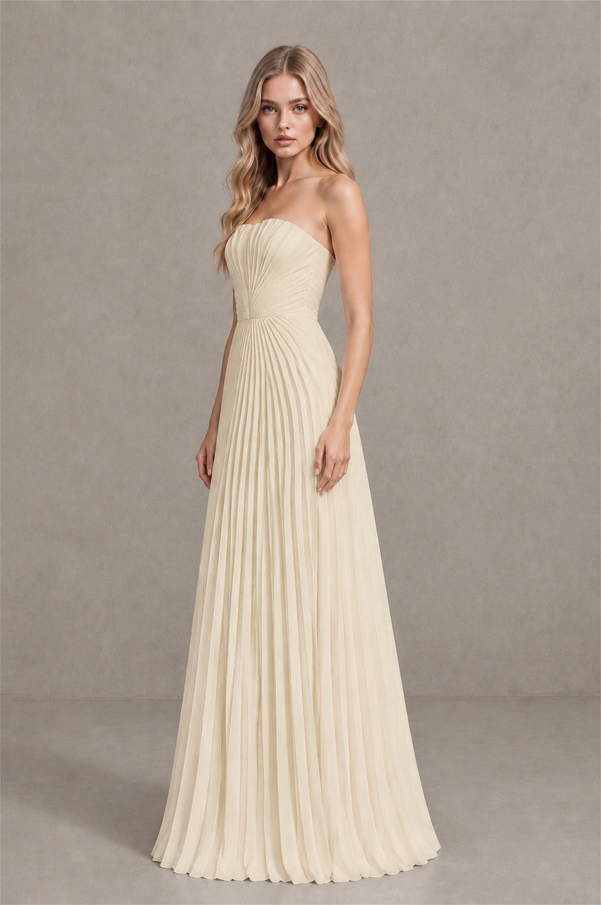 BOLODOO Champagne Strapless Sunburst Pleated Twisted Knot Lace-Up Back Accordion Pleated Chiffon Maxi Dress - Champagne