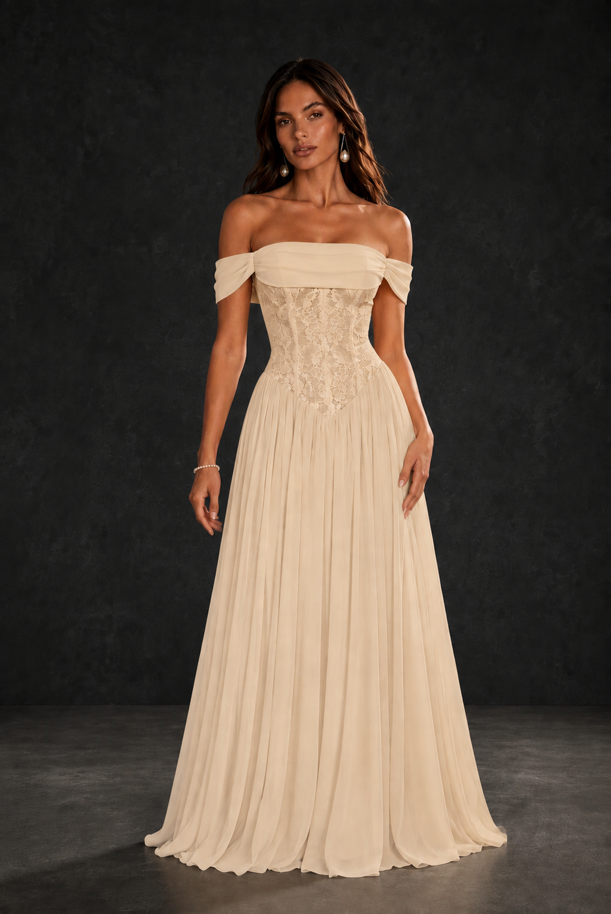 BOLODOO Champagne Off-Shoulder Lace Corset Tulle Maxi Dress - Champagne