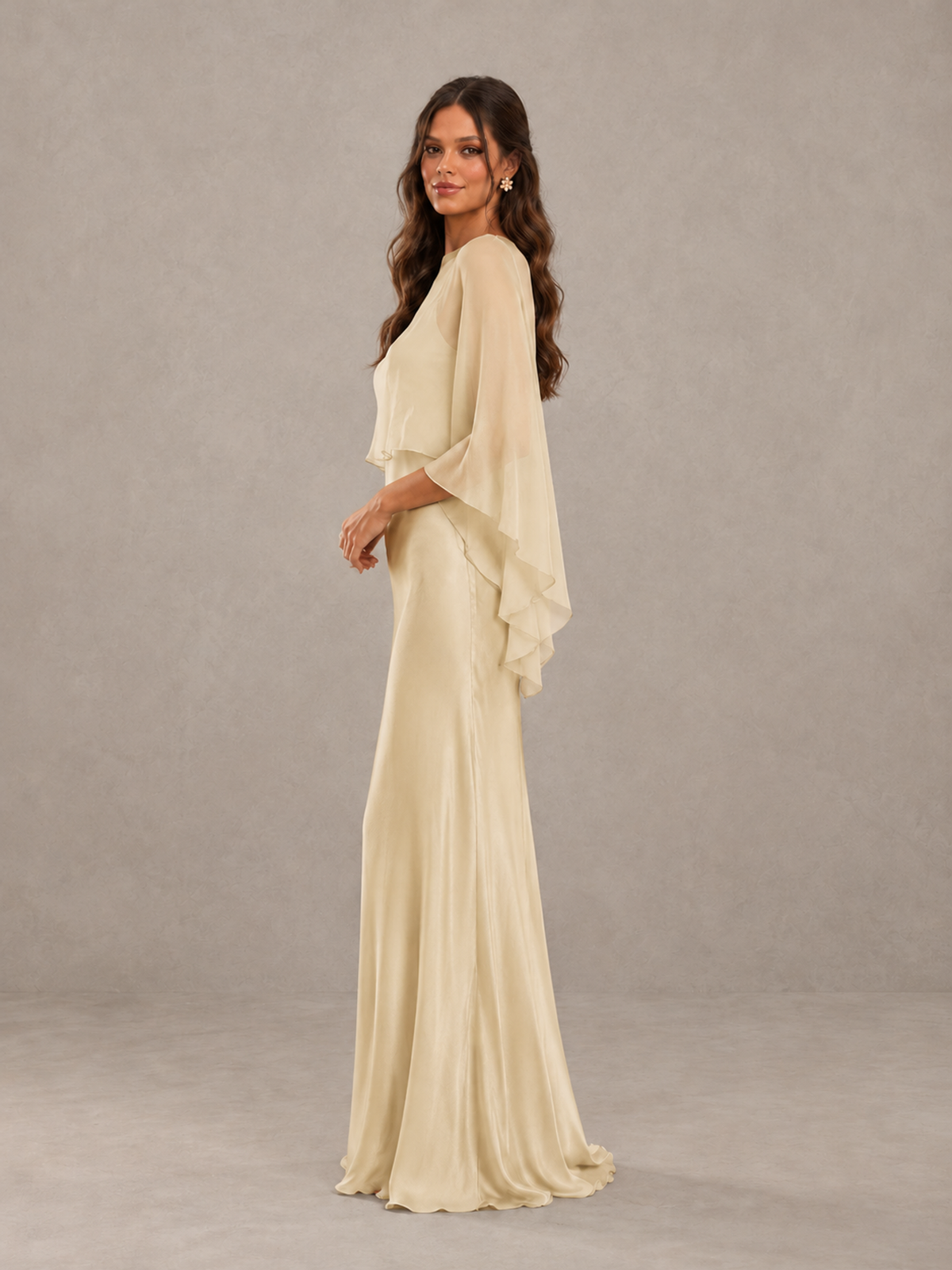 BOLODOO Champagne Satin Mermaid Bridesmaid Dress with Chiffon Cape - Champagne - Champagne (3)