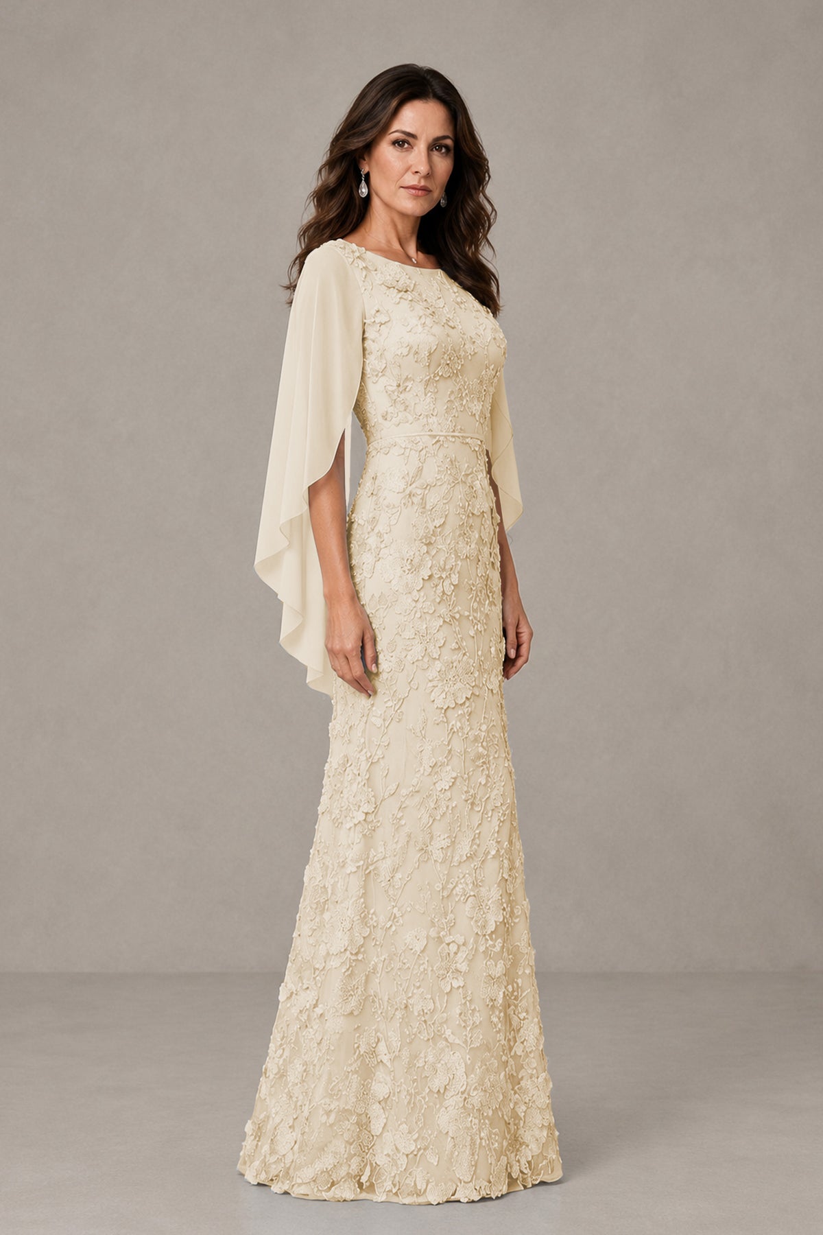 BOLODOO Champagne Lace Mother of the Bride Dress with Cape Sleeves - Champagne