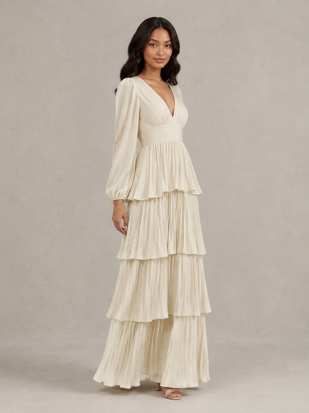 BOLODOO Champagne Long-Sleeve Tiered Maxi Dress with Deep V-Neck - Champagne