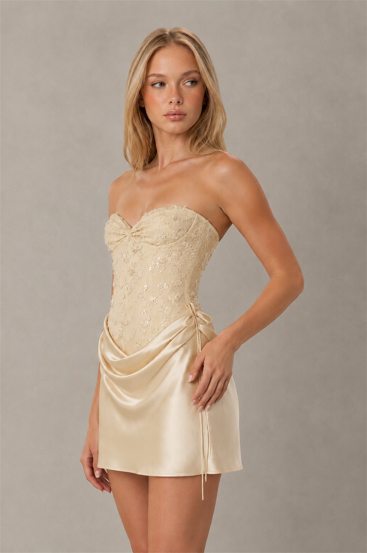 BOLODOO Champagne Lace Corset Strapless Sweetheart Satin Mini Dress with Open Back - Champagne