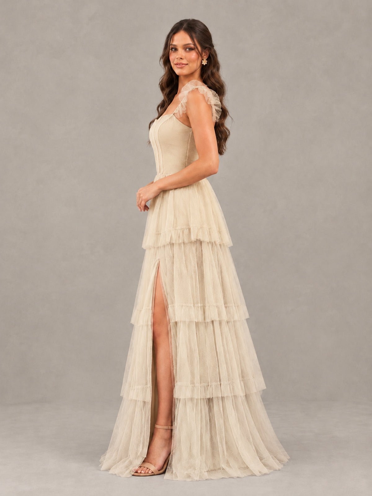 BOLODOO Champagne Tiered Tulle Bridesmaid Dress with Slit - Champagne - Champagne (3)