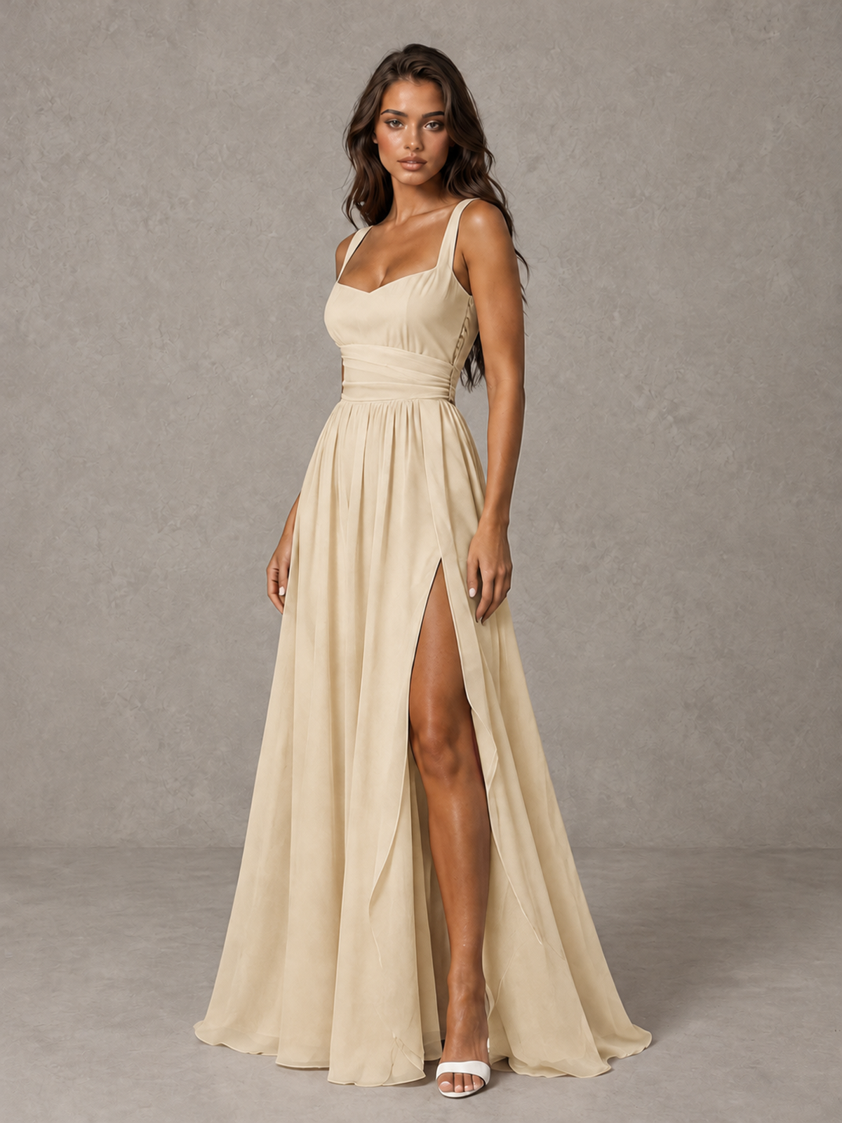 BOLODOO Champagne A-Line Bridesmaid Dress with High Slit & Lace-Up Back - Champagne - Champagne (3)