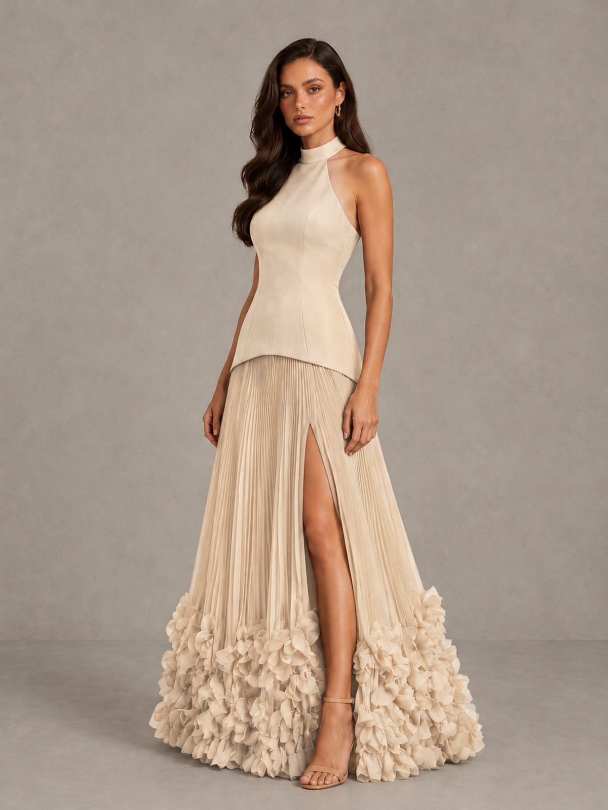 BOLODOO Champagne Halter Neck Floor-Length Evening Gown with High Slit & 3D Floral Hem - Champagne - Champagne (3)