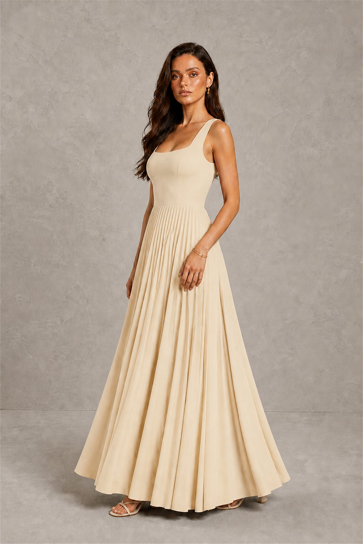 BOLODOO Champagne Square Neck Wide Strap Lace-Up Back Pleated A-Line Chiffon Maxi Dress - Champagne
