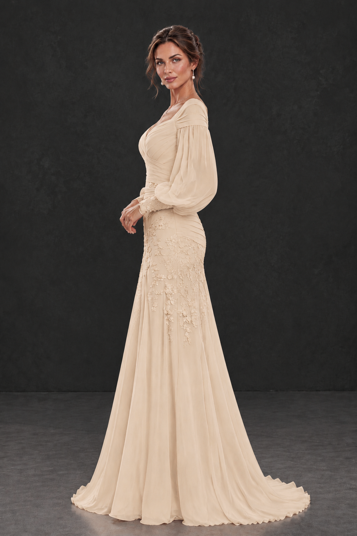 BOLODOO Champagne Long Sleeve Mother of the Bride Dress with Floral Appliqués - Champagne - Champagne (3)
