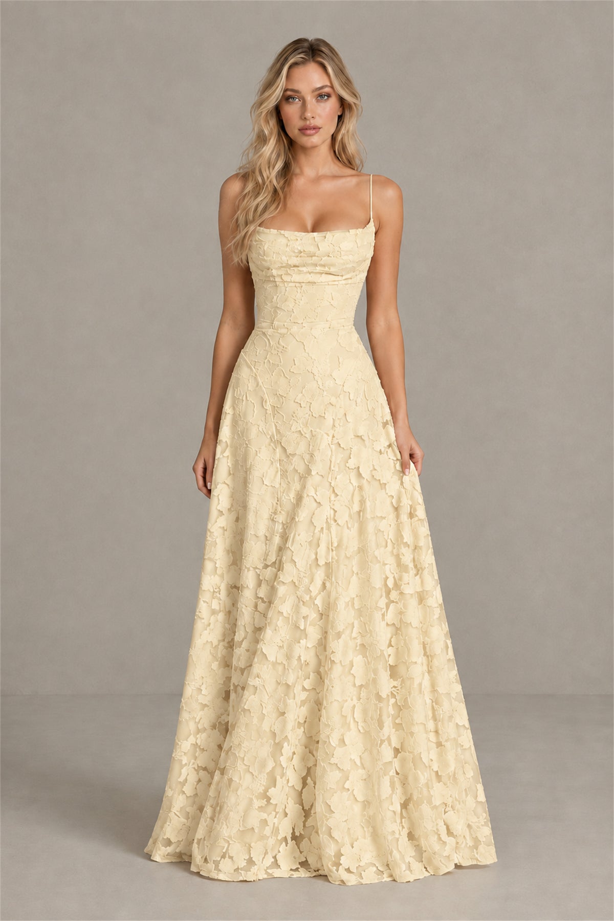 BOLODOO Champagne Floral Appliqué Lace-Up Back Maxi Dress - Champagne