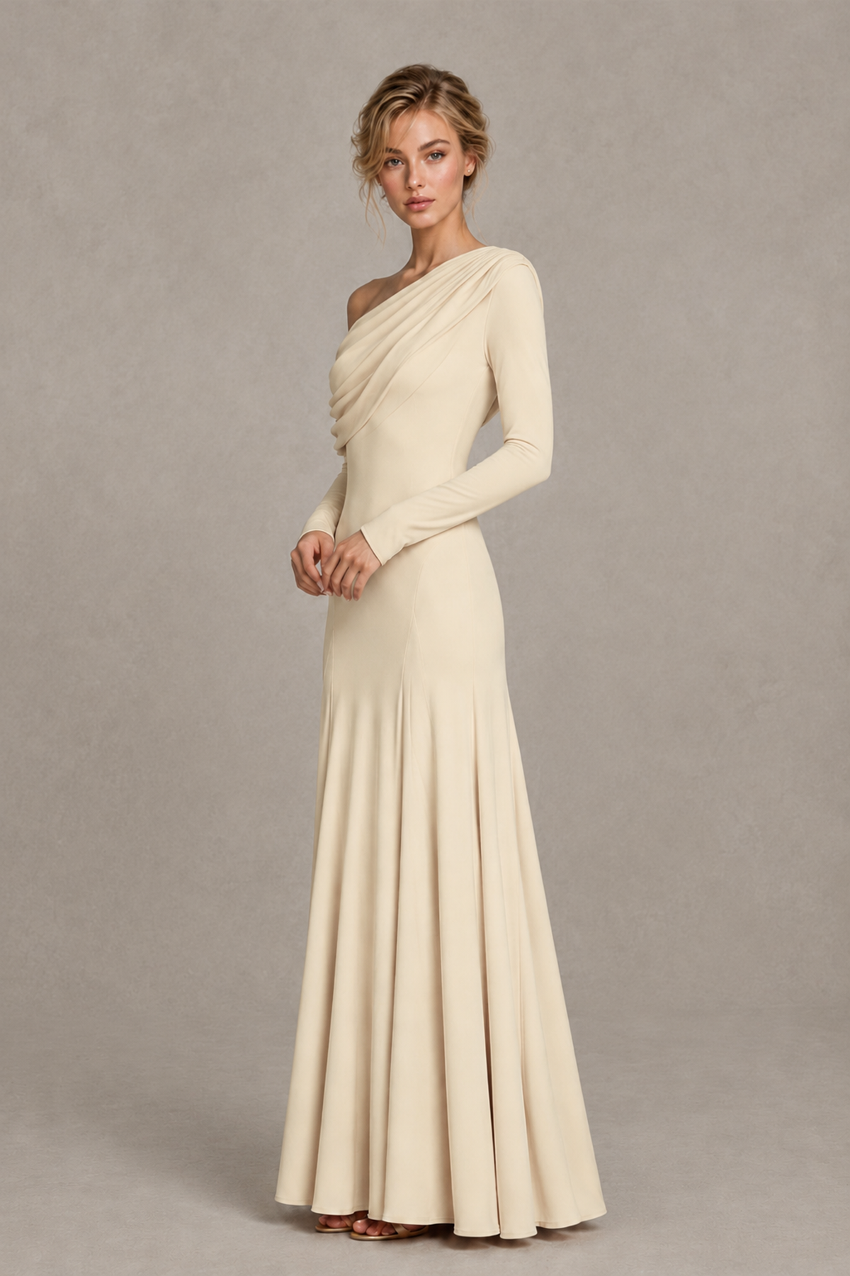 BOLODOO Champagne Asymmetric Draped Long Sleeve Evening Gown - Champagne