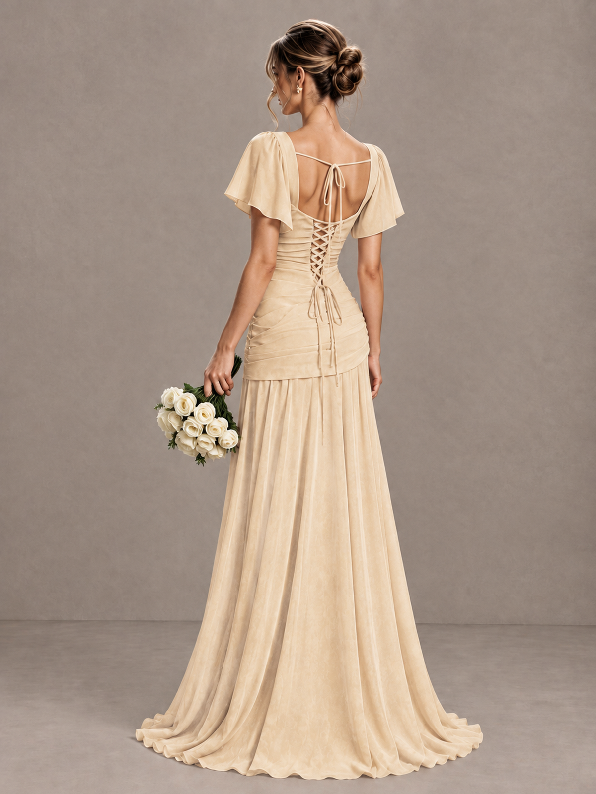 BOLODOO Champagne Flutter Sleeve Lace-Up Back Maxi Dress - Champagne - Champagne (3)