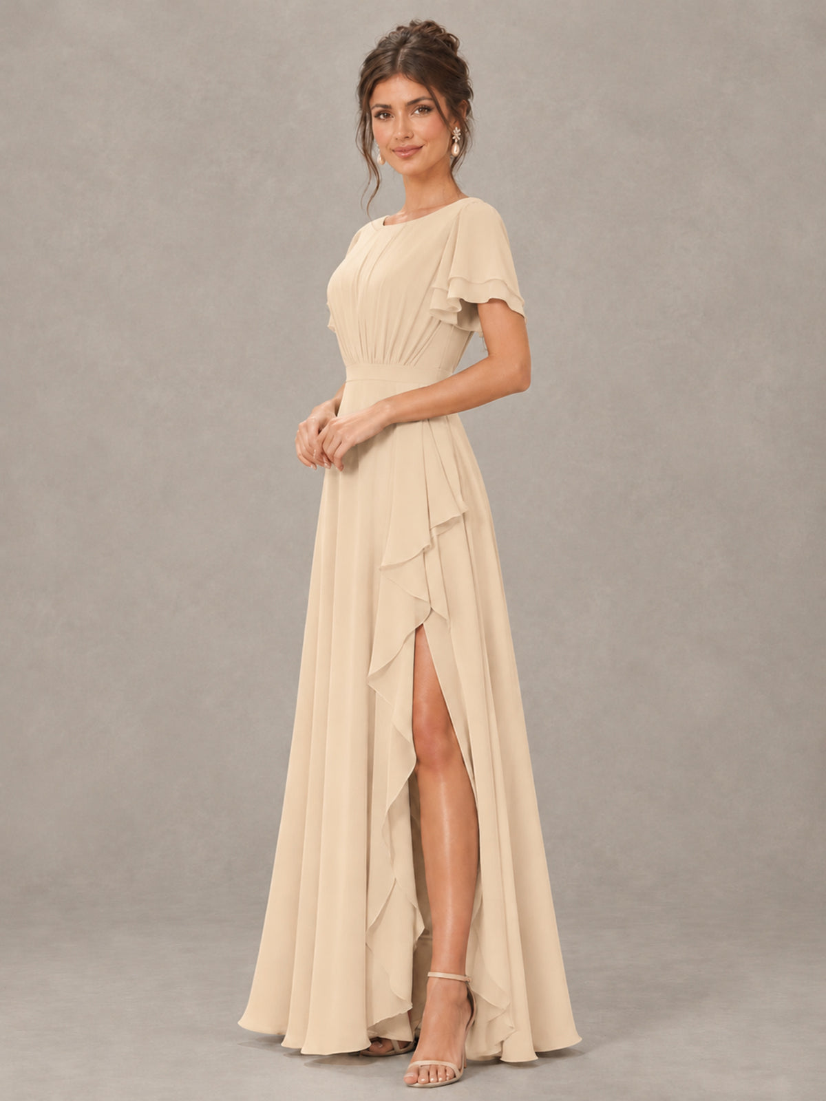 BOLODOO Champagne Flutter Sleeve Ruffle Bridesmaid Dress with Slit - Champagne - Champagne (3)