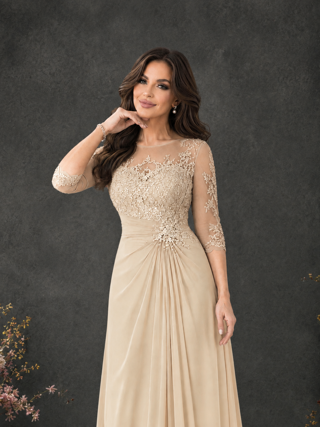 BOLODOO Champagne Chiffon Lace Illusion Neckline 3/4 Sleeve Floor Length Formal Gown - Champagne