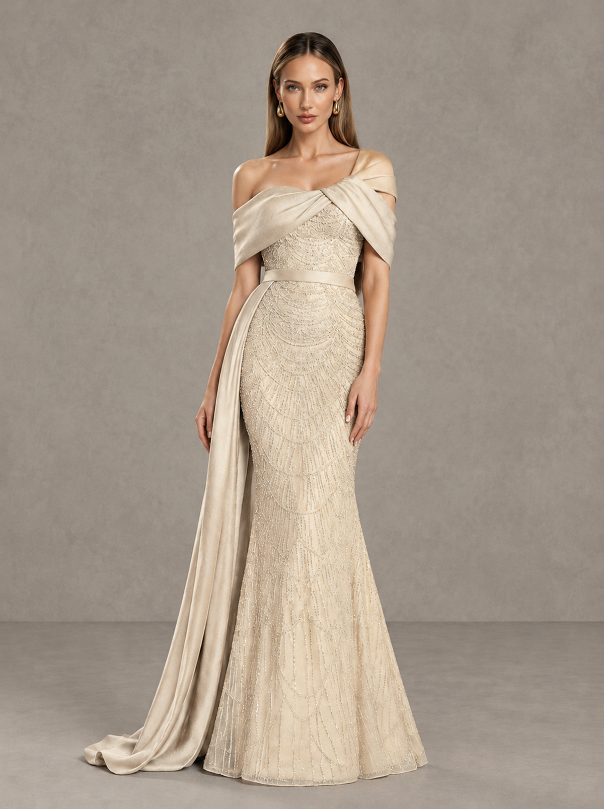 BOLODOO Champagne Asymmetric Draped Mermaid Evening Gown with Train - Champagne - Champagne (3)