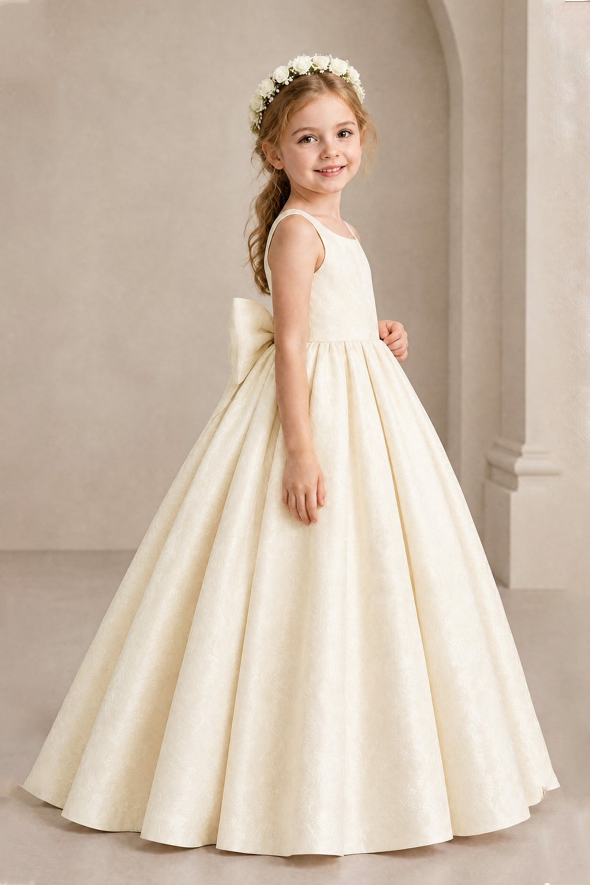 BOLODOO Champagne Girls' A-Line Flower Girl Dress with Back Bow - Champagne