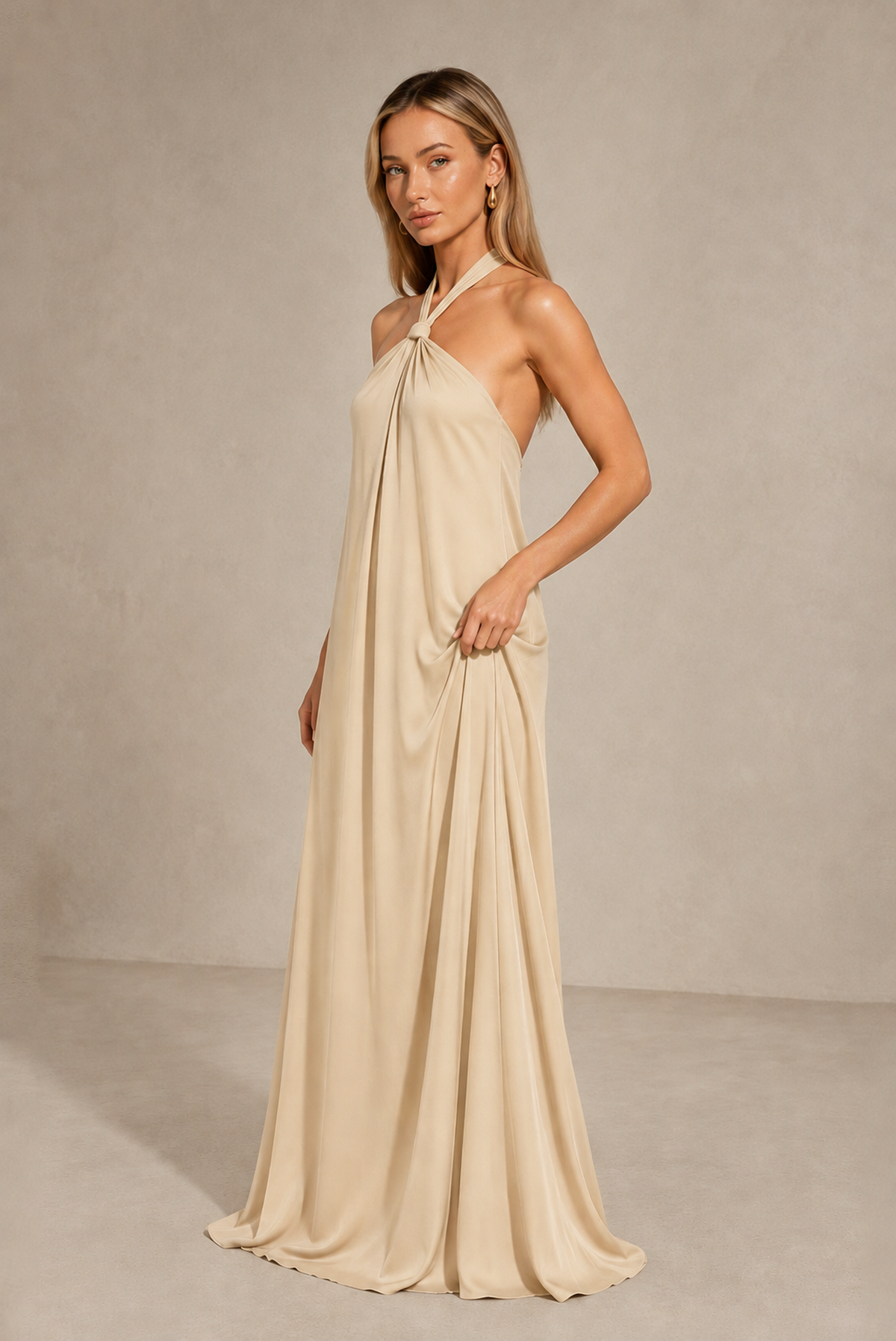 BOLODOO Champagne Backless Halter Satin Bridesmaid Dress - Champagne