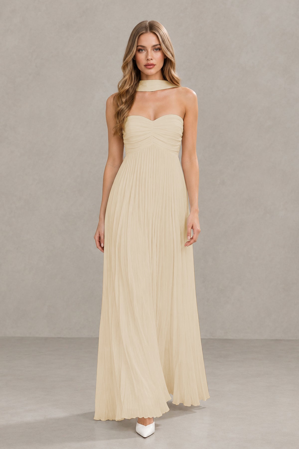 BOLODOO Champagne Strapless Chiffon-Look Maxi Dress with Lace-Up Back & Cape - Champagne