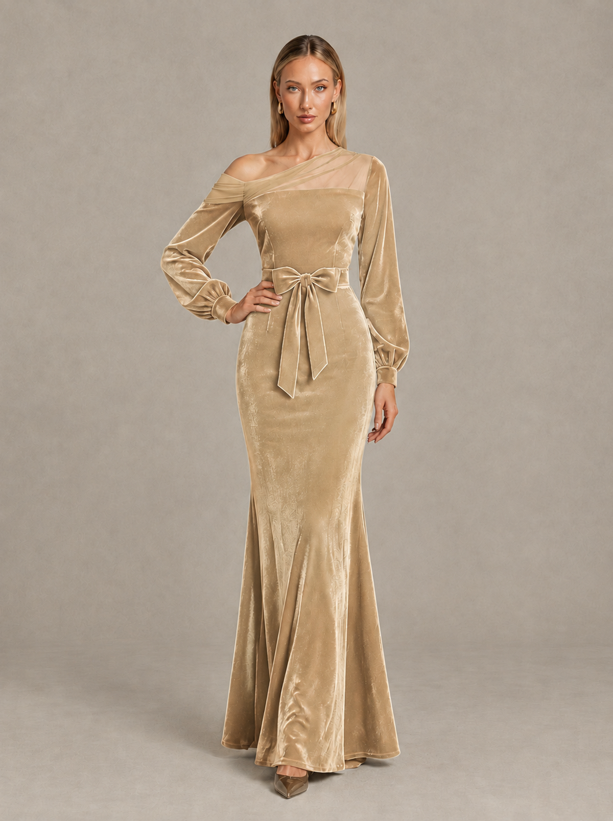 BOLODOO Champagne Velvet Mermaid Evening Dress with Long Sleeves - Champagne - Champagne (3)