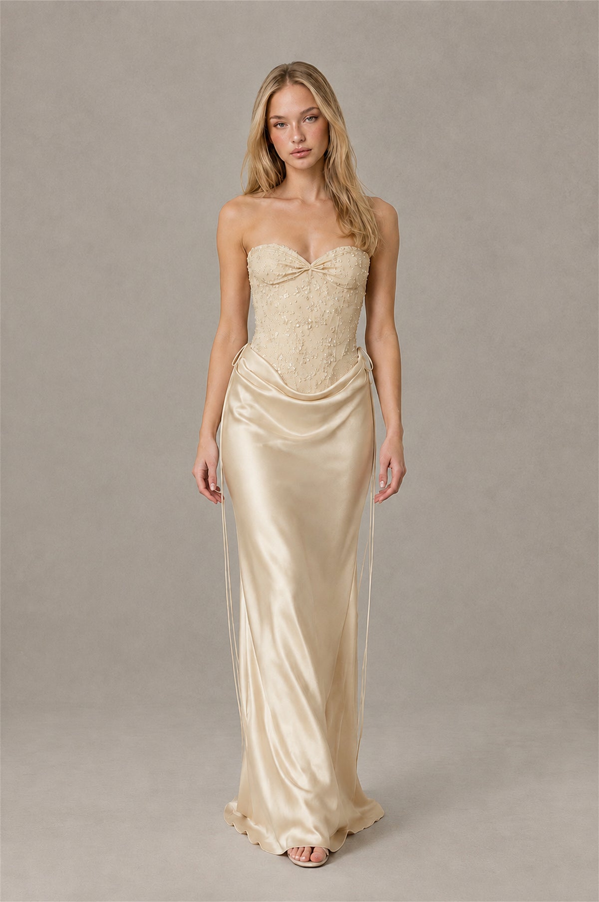 BOLODOO Champagne Strapless Embellished Corset Satin-Look Maxi Dress - Champagne