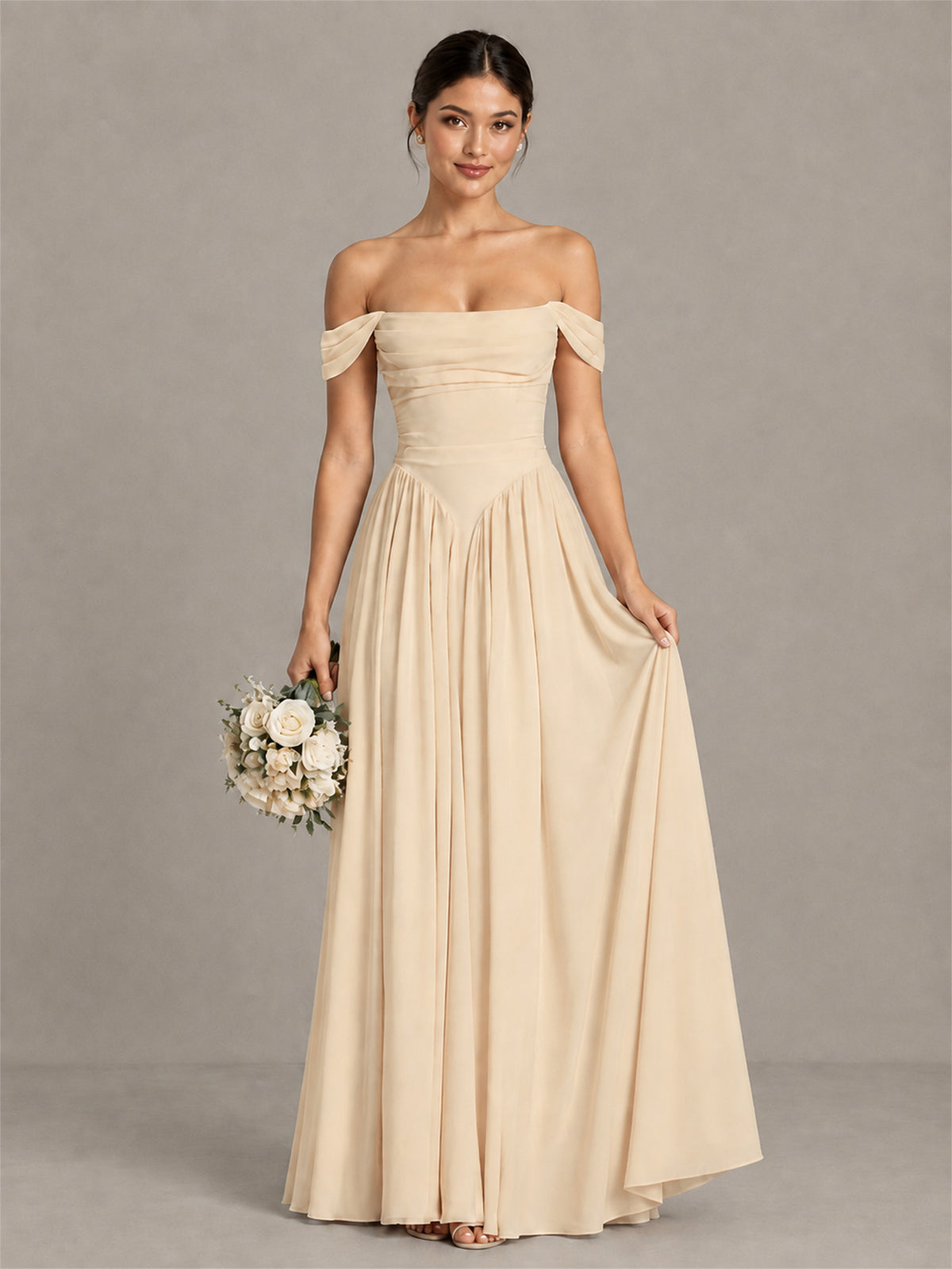 BOLODOO Champagne Off-Shoulder Chiffon A-Line Bridesmaid Dress - Champagne