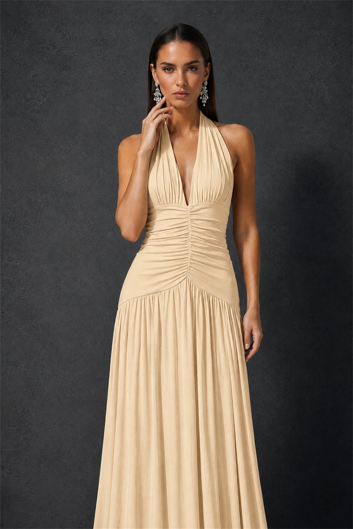 BOLODOO Champagne Halter Deep V-Neck Ruched Chiffon Open Back Maxi Dress with Draped Neck Tie - Champagne