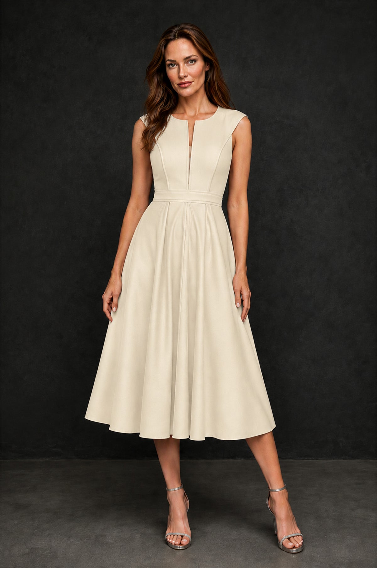BOLODOO Champagne 3D Rosette Appliqué 3/4 Sleeve Jacket & V-Notch Sleeveless A-Line Tea-Length Two-Piece Dress Set - Champagne