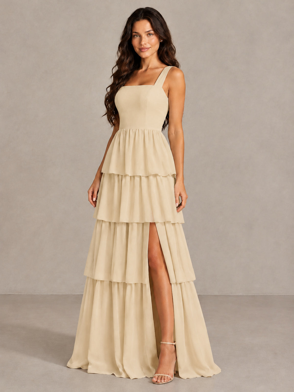 BOLODOO Champagne Square Neck Tiered Bridesmaid Dress with Slit - Champagne - Champagne (3)