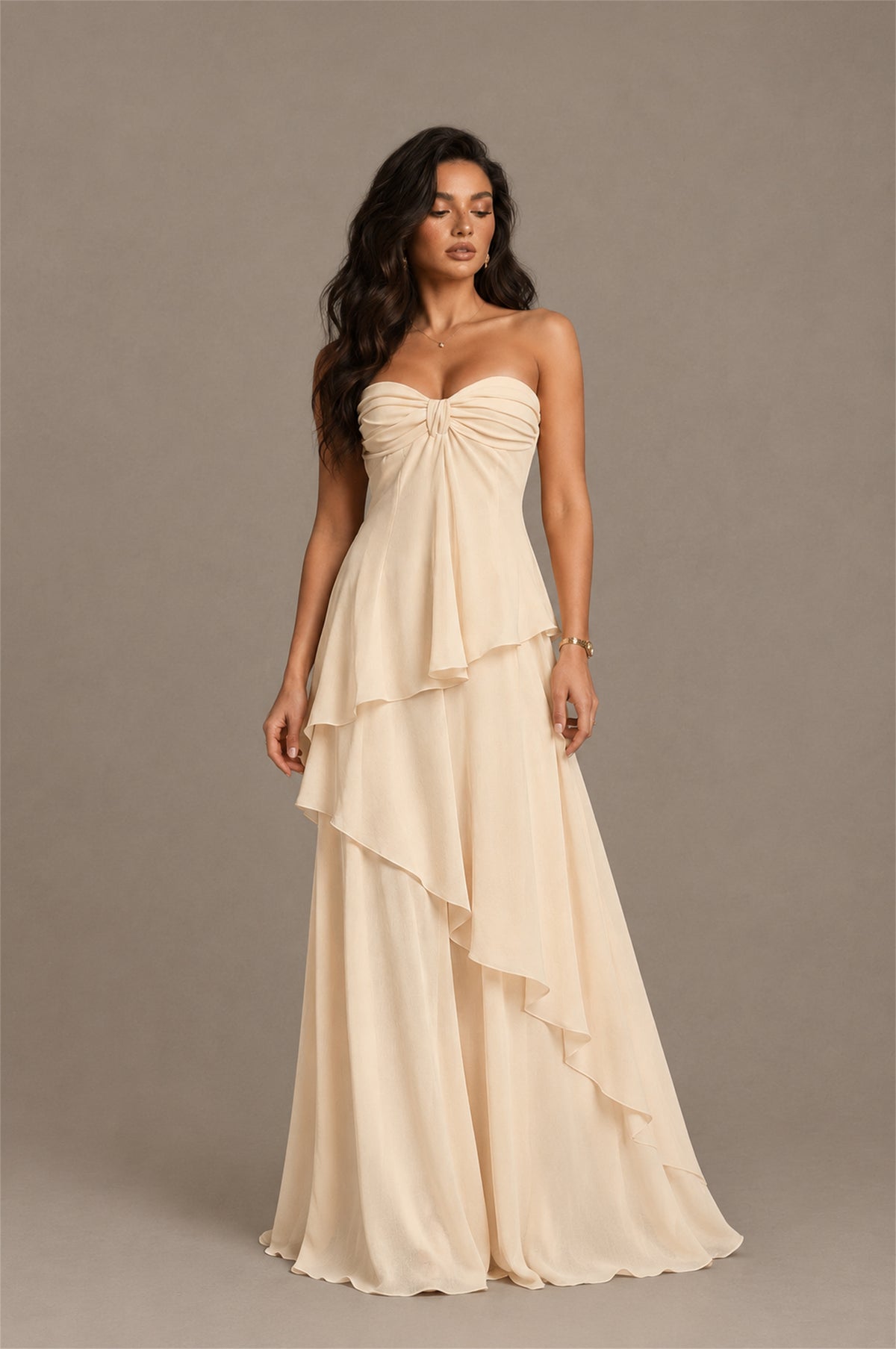 BOLODOO Champagne Strapless Sweetheart Knotted Chiffon Tiered Maxi Dress with Lace-Up Back - Champagne