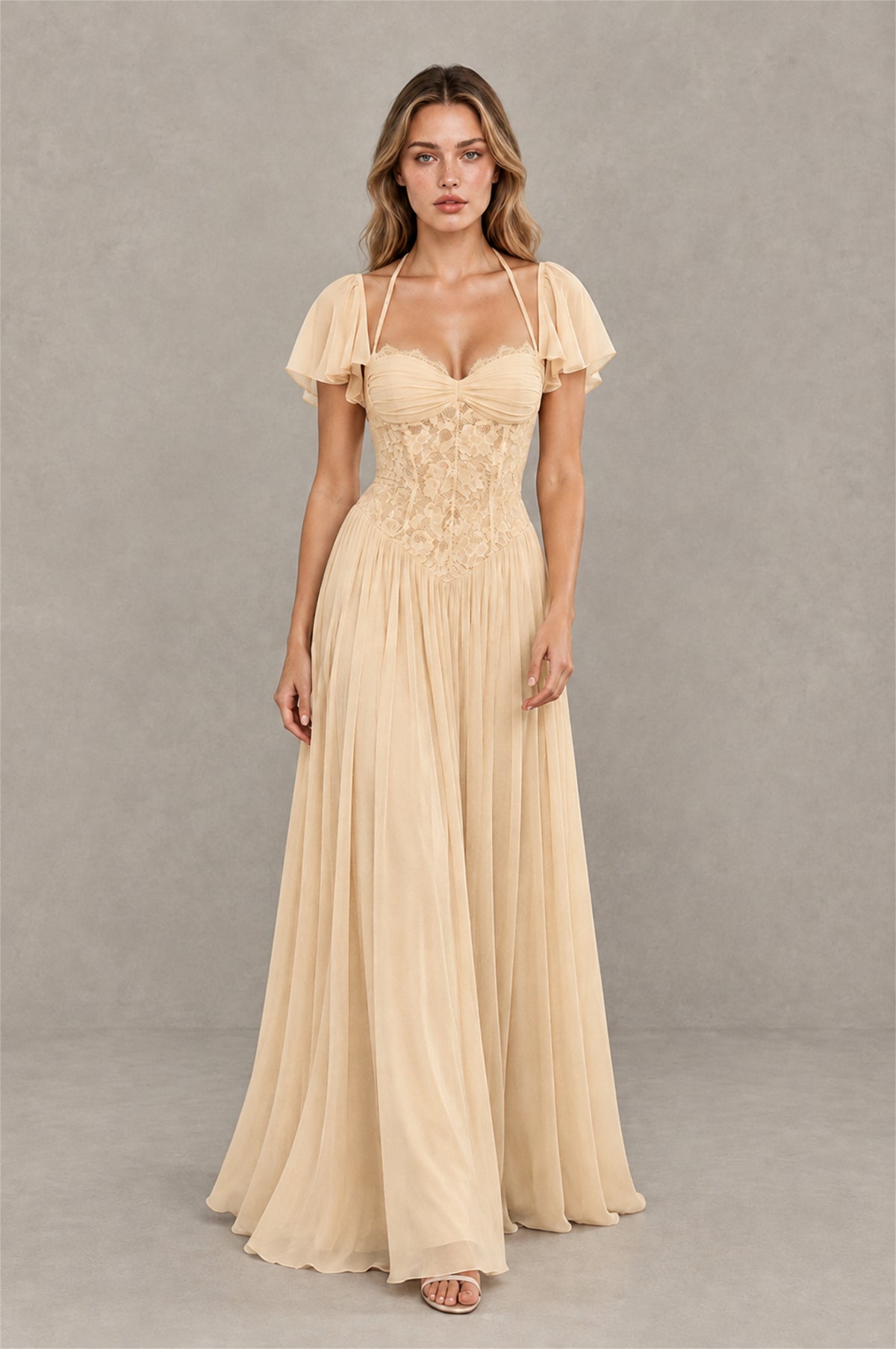 BOLODOO Champagne Flutter Sleeve Lace Corset A-Line Maxi Dress - Champagne - Champagne (3)