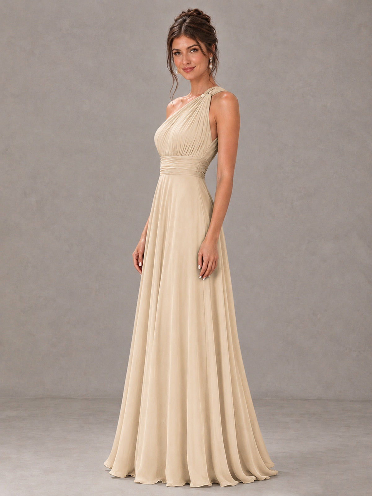 BOLODOO Champagne One-Shoulder Chiffon-Look Bridesmaid Dress - Champagne - Champagne (3)