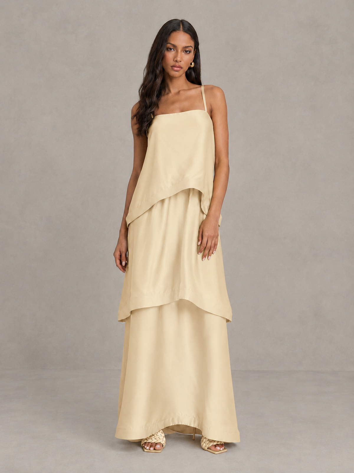 BOLODOO Champagne Satin Tiered Maxi Dress with Spaghetti Straps - Champagne