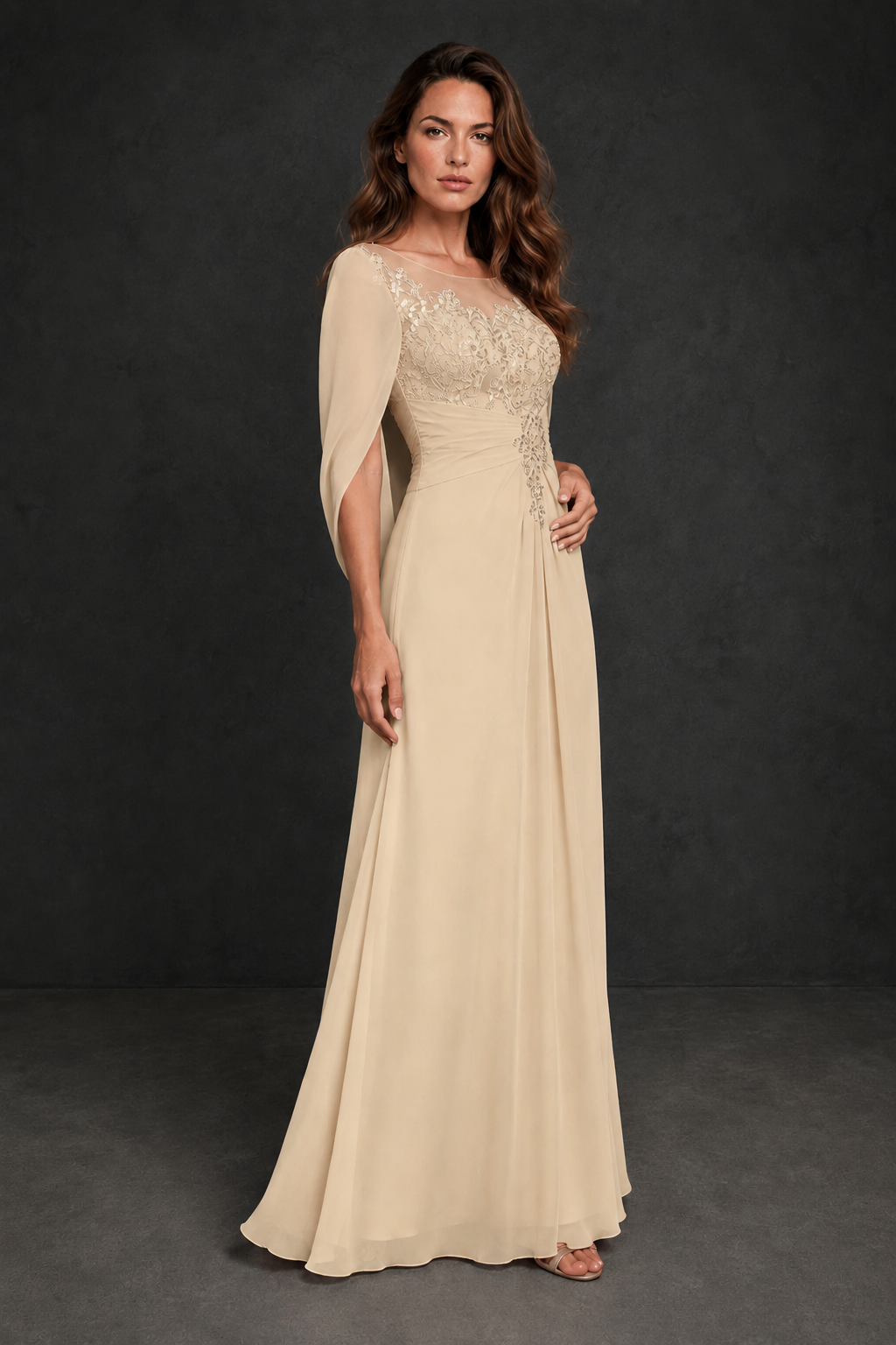BOLODOO Champagne Illusion Lace One-Side Cape Sleeve Beaded Chiffon Floor Length Gown | Mother of the Bride Evening Dress - Champagne