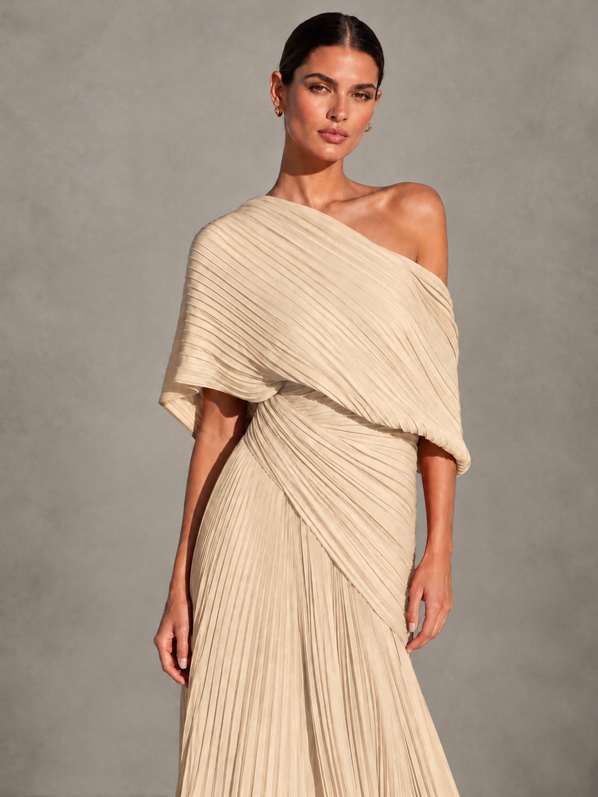 BOLODOO Champagne One-Shoulder Pleated Cape Evening Gown with Train - Champagne - Champagne (3)