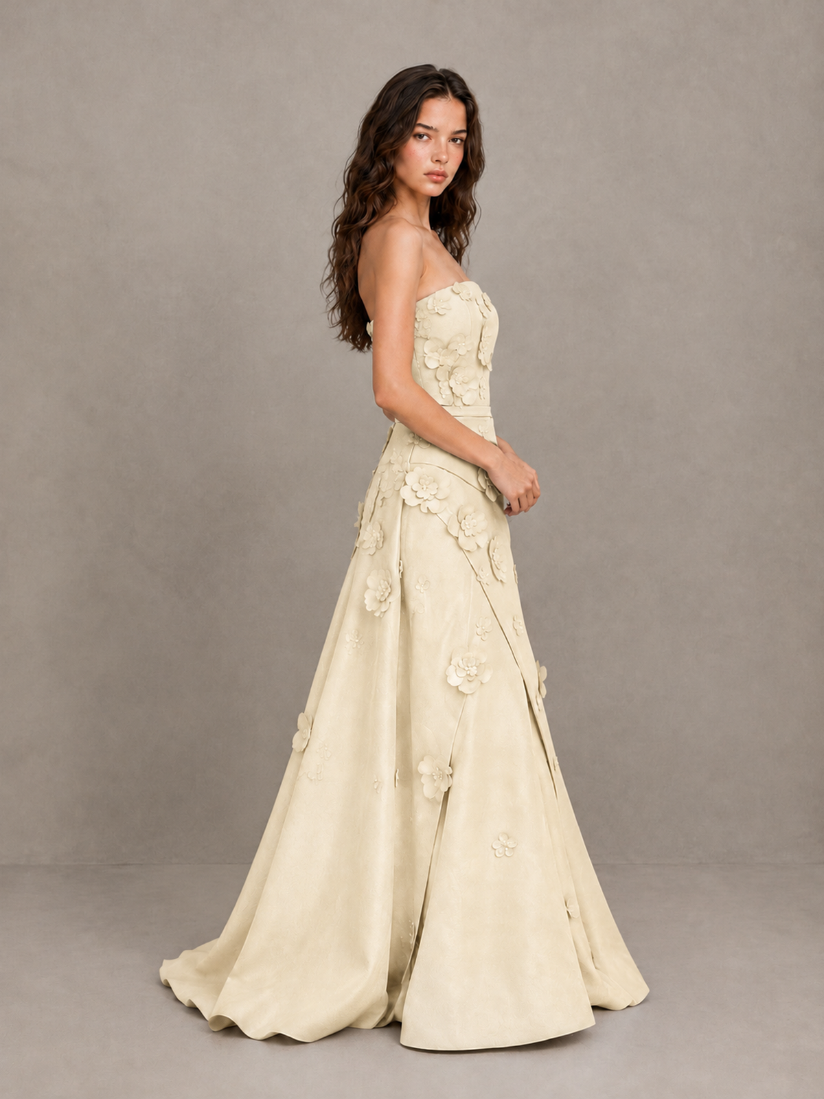 BOLODOO Champagne Strapless 3D Floral Applique Prom Gown with Draped Skirt - Champagne - Champagne (3)