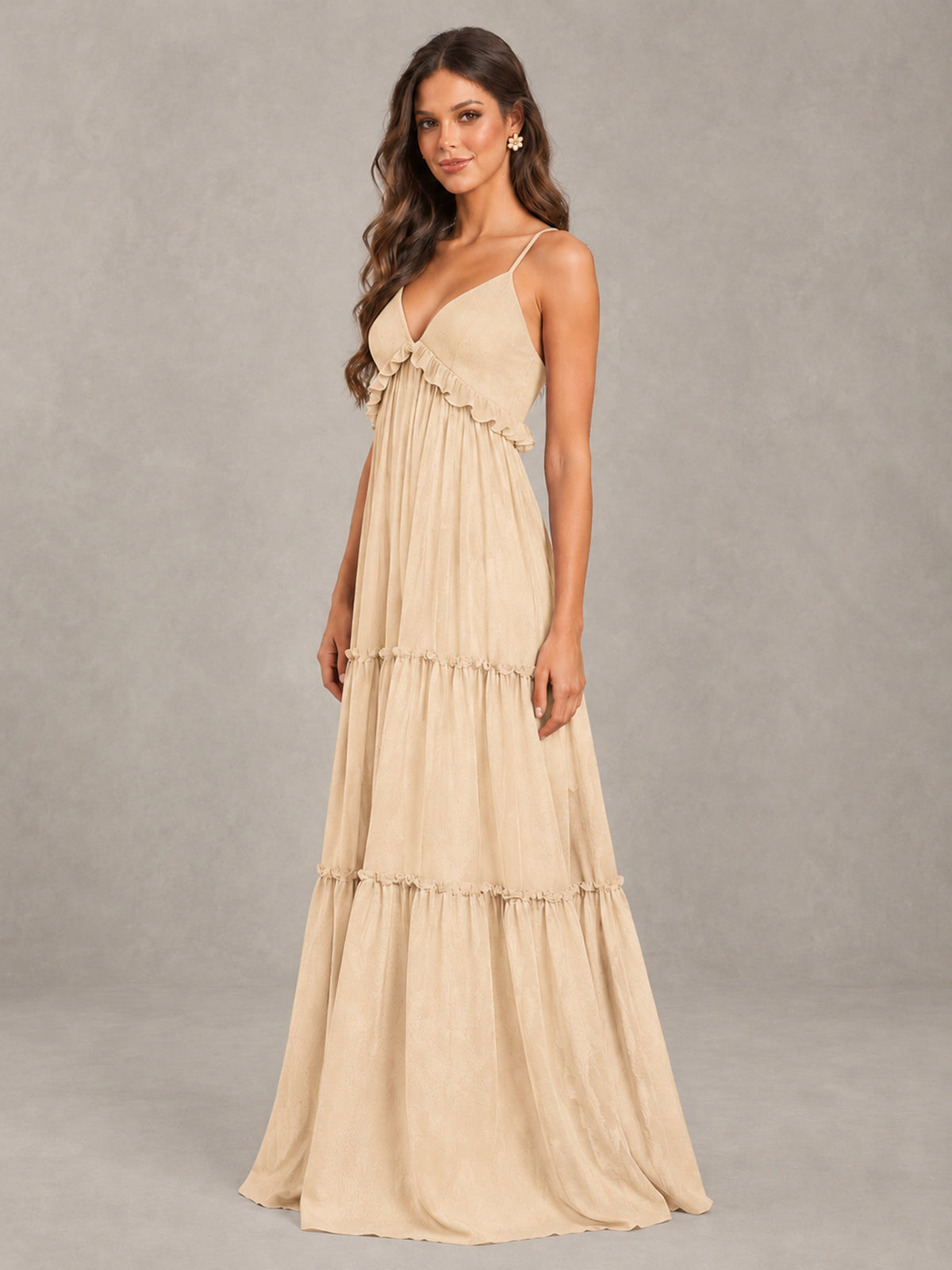 BOLODOO Champagne Tiered V-Neck Lace-Up Back Bridesmaid Dress - Champagne - Champagne (3)