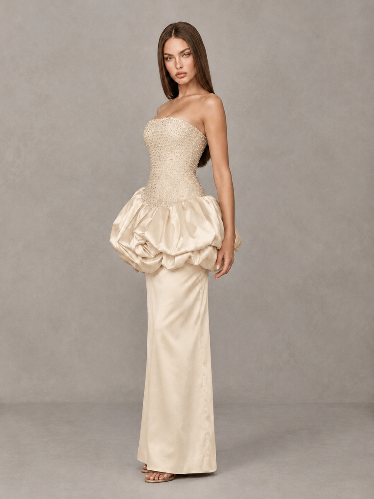 BOLODOO Champagne Strapless Embellished Bubble Peplum Evening Dress - Champagne - Champagne (3)