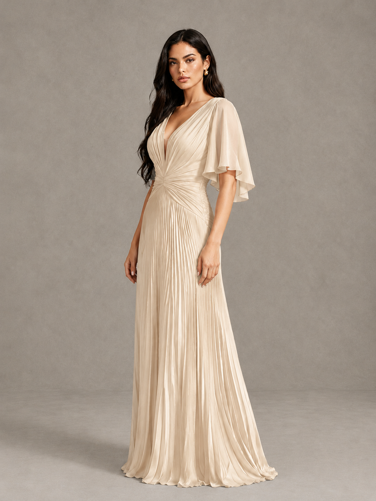 BOLODOO Champagne Pleated V-Neck Flutter Sleeve Bridesmaid Dress - Champagne - Champagne (3)