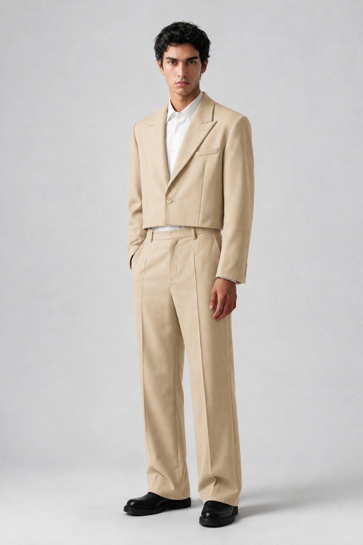 Bolodoo Men's Champagne Cropped Blazer & Wide-Leg Trousers 2-Piece Suit - Champagne - Champagne (3)