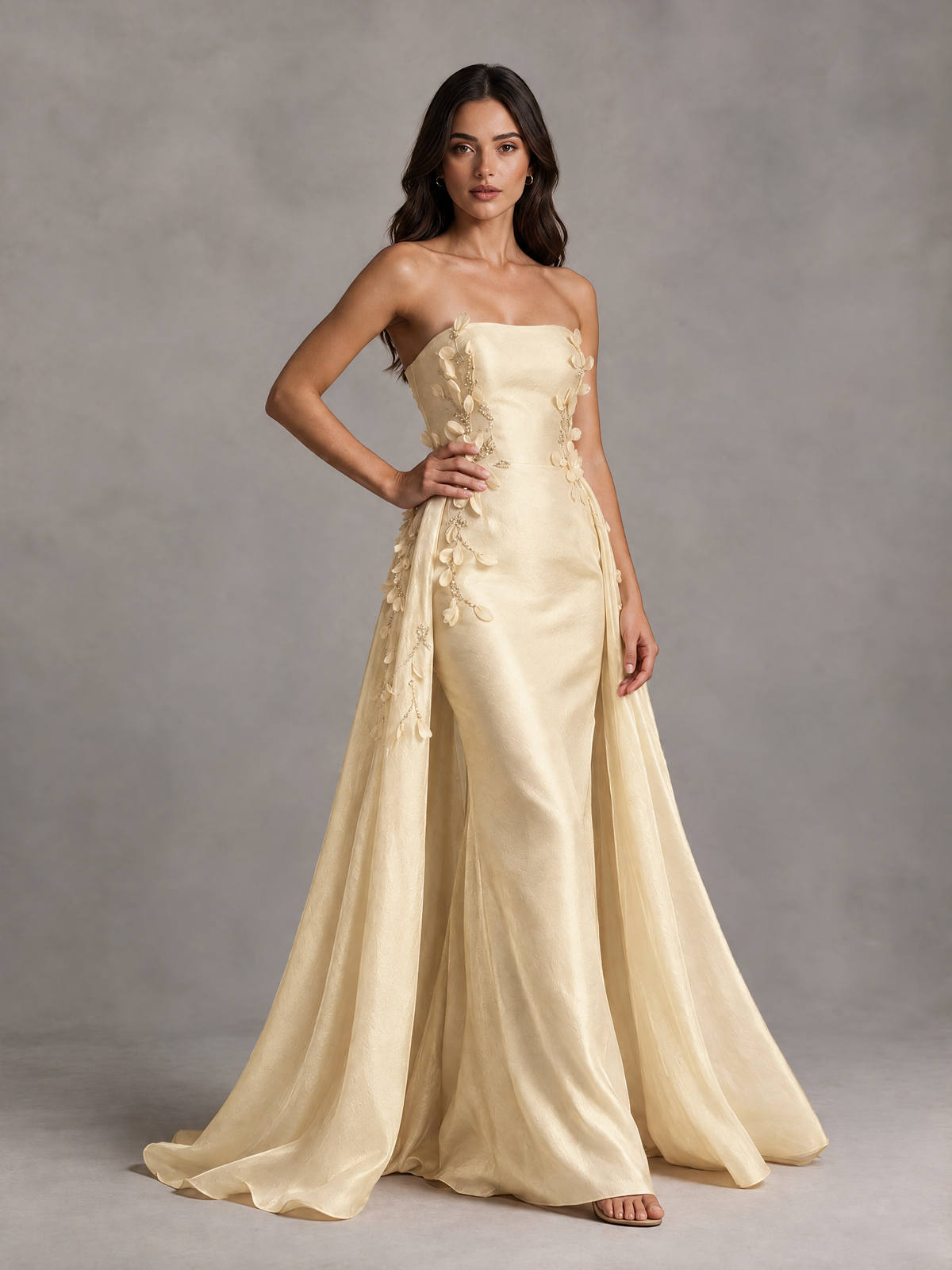 BOLODOO Champagne Strapless Floral Applique Prom Dress with Overskirt - Champagne - Champagne (3)