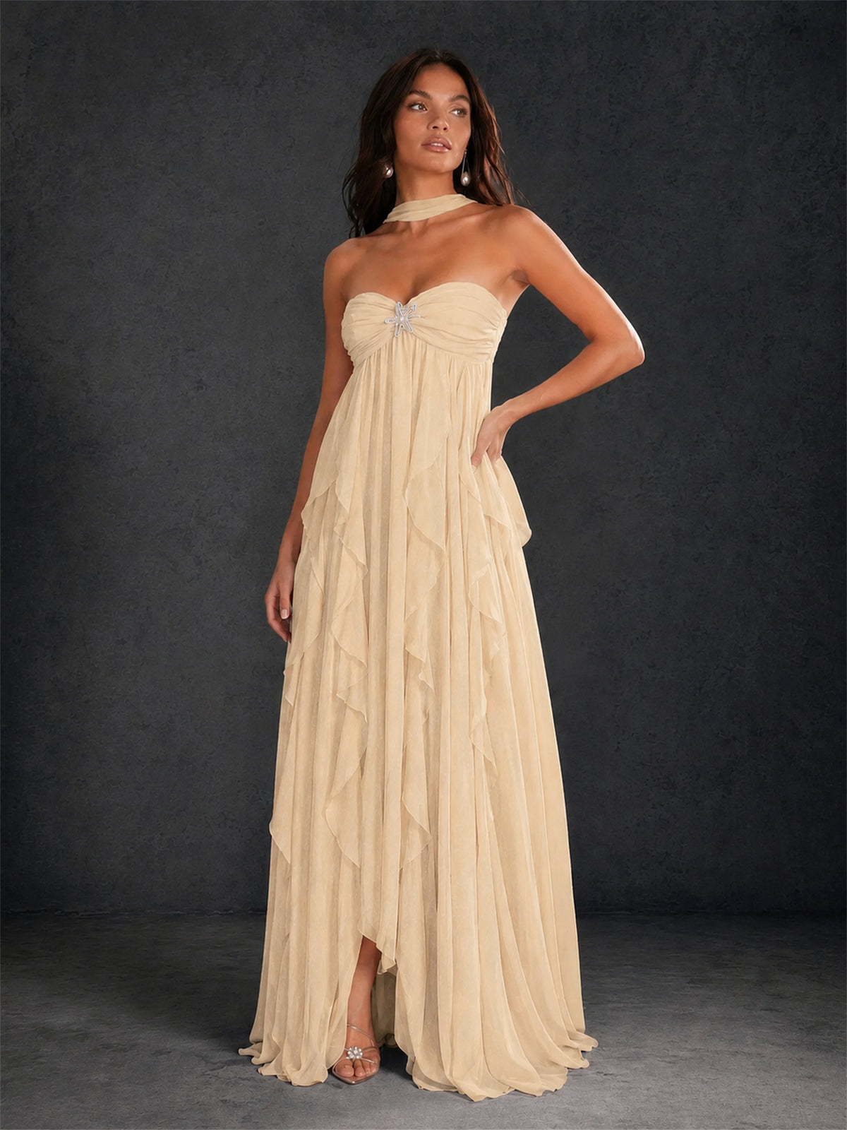 BOLODOO Champagne Halter Neck Cascading Ruffle Chiffon Maxi Dress | Keyhole Open Back - Champagne