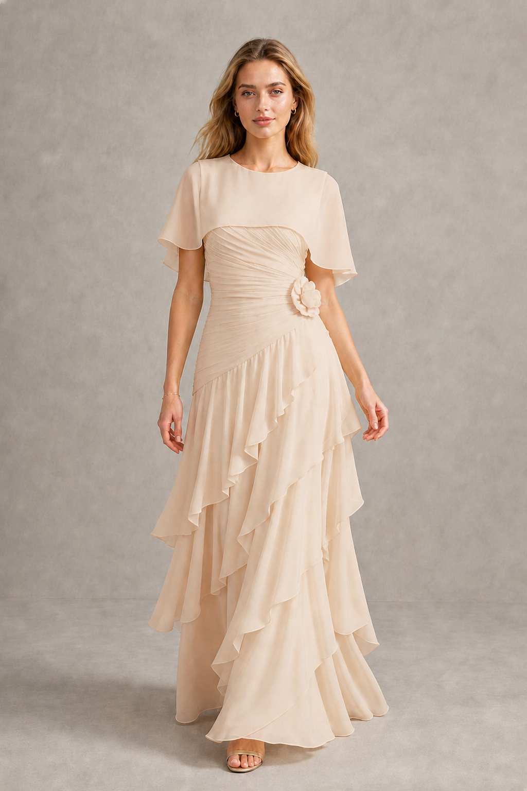BOLODOO Champagne Chiffon Flutter Sleeve Tiered Maxi Dress with 3D Rosette - Champagne