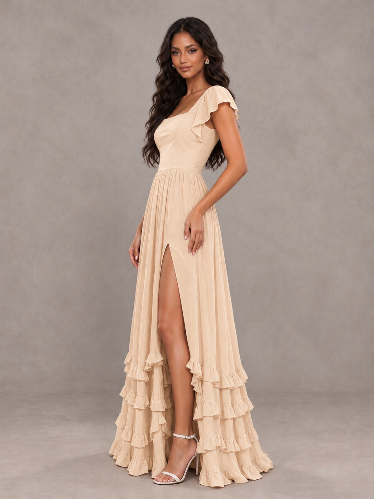 BOLODOO Champagne Flutter Sleeve Ruffle Bridesmaid Dress with Slit - Champagne - Champagne (3)