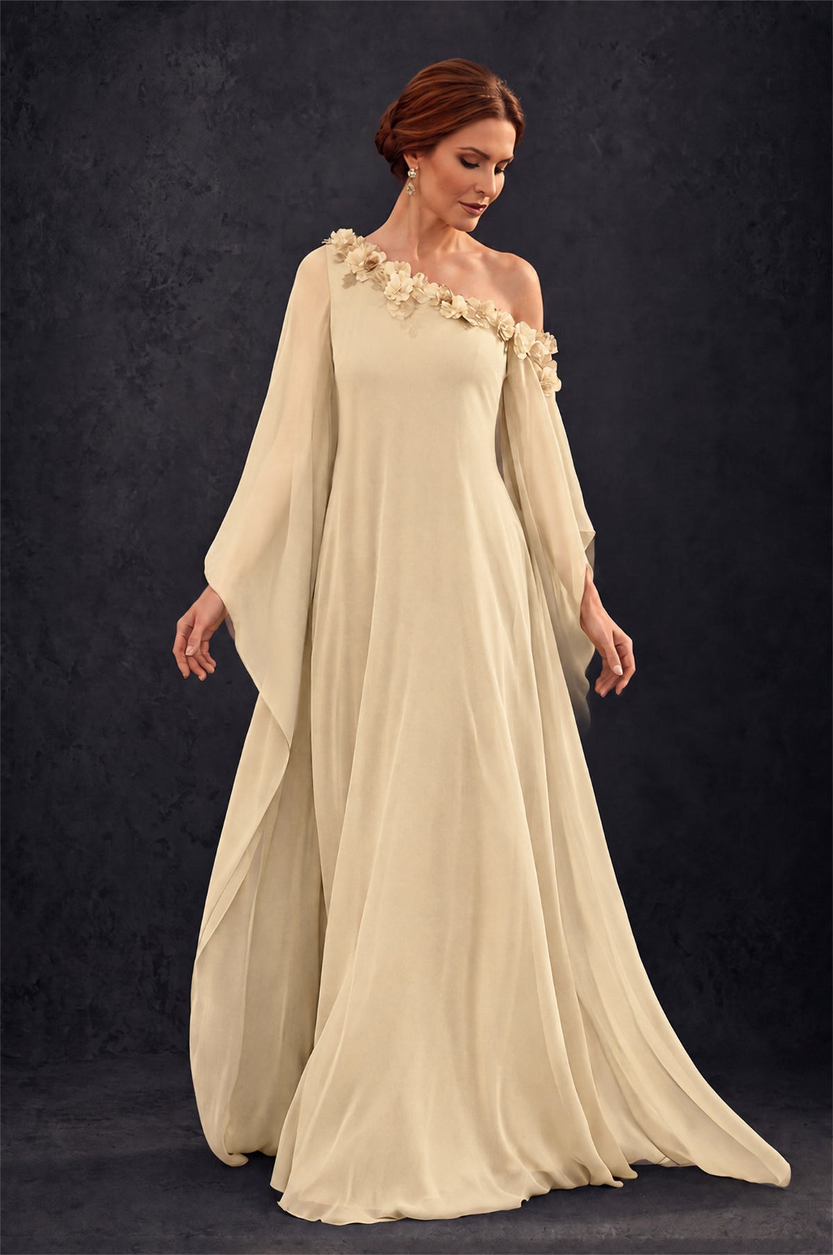 BOLODOO Champagne 2-Piece Set: Off-Shoulder 3D Floral Cape Gown & One-Shoulder Wide-Leg Jumpsuit | BD0373 - Champagne