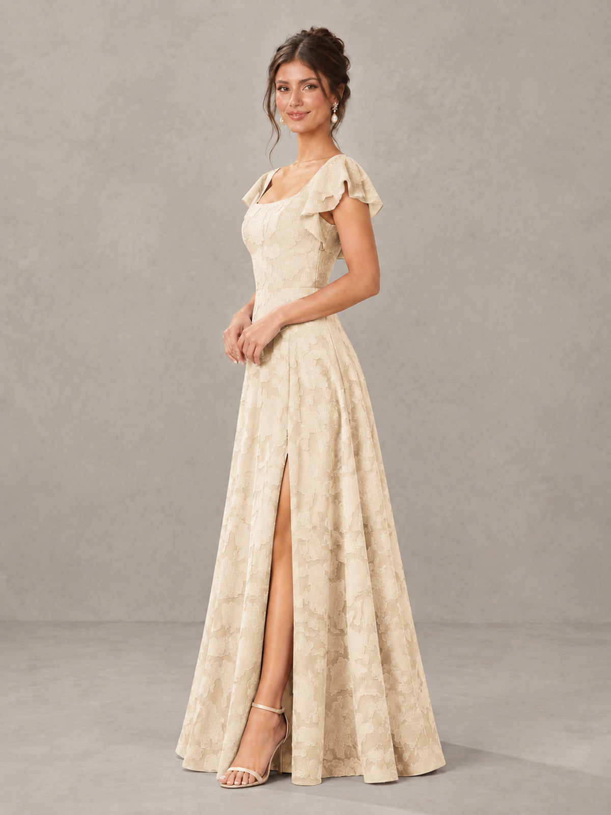 BOLODOO Champagne Floral Flutter Sleeve Bridesmaid Dress with Slit - Champagne - Champagne (3)
